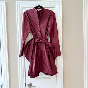 TIBI Glossy Plainweave Burgundy Shirtdress trendy dress Removable Waist tie